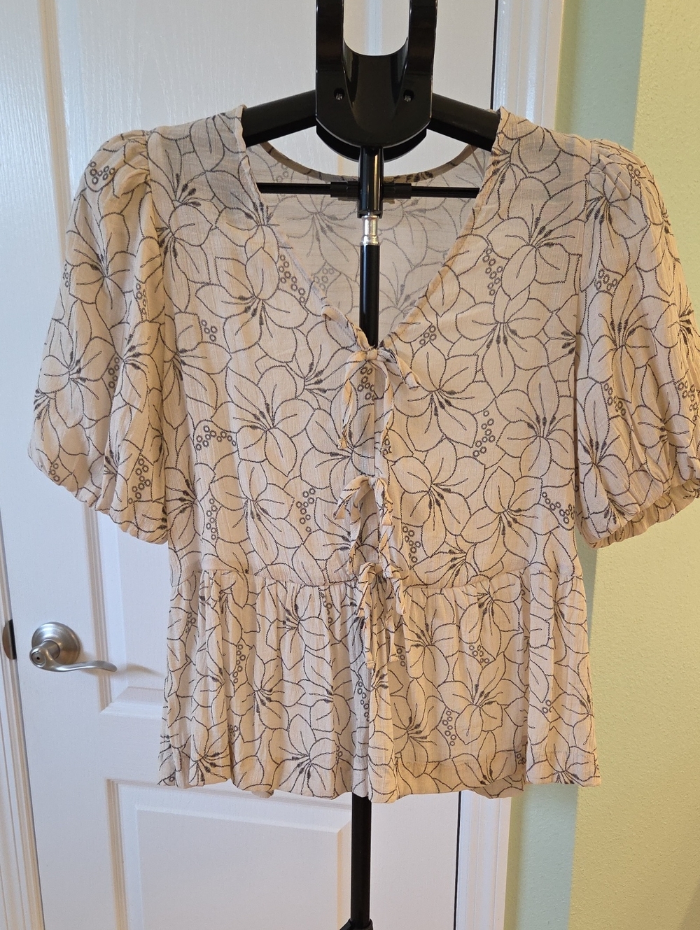 Tie-Front Floral Peplum Blouse - Cream with Black Print